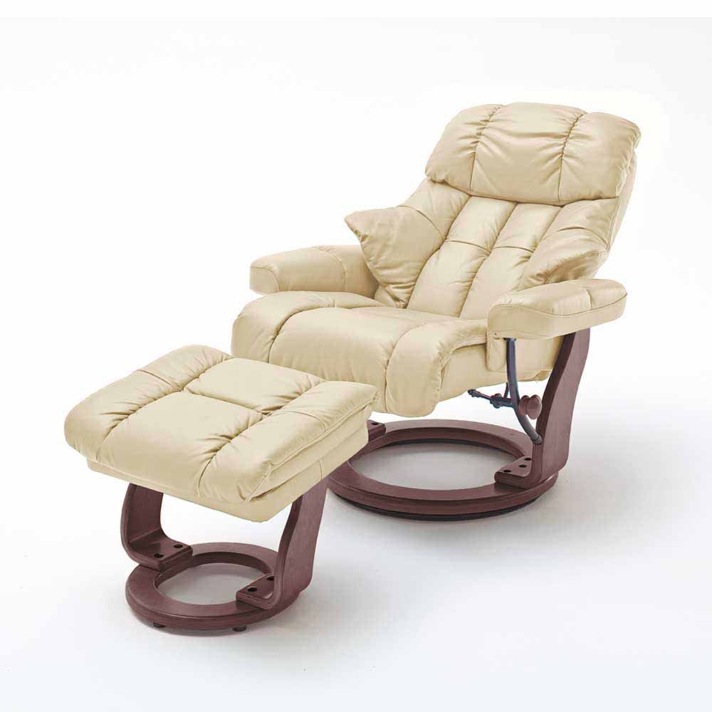 Relax Sessel mit Leder in Creme & Gestell Walnuss Hermine inkl. Hocker (zweiteilig)