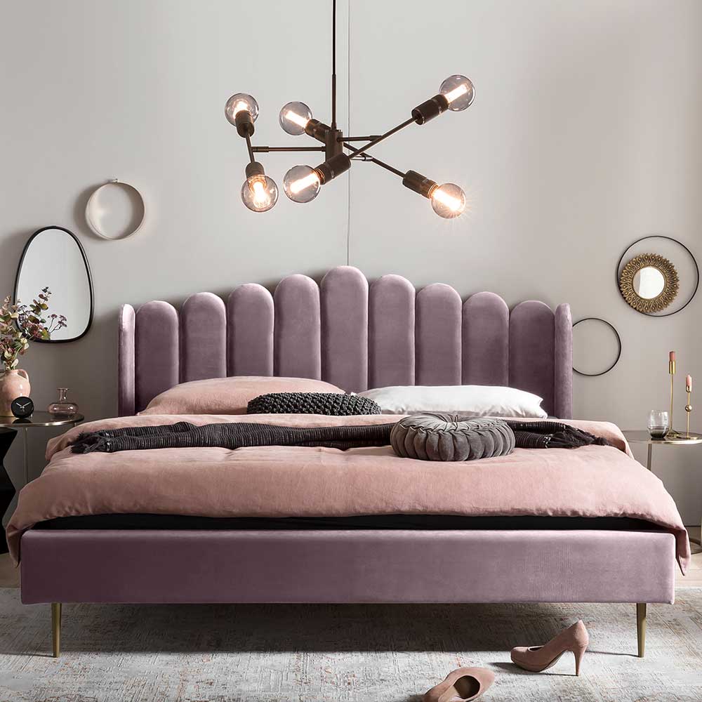 Samt Polsterbett in Rosa mit Metallbeinen Gold - Guanamo