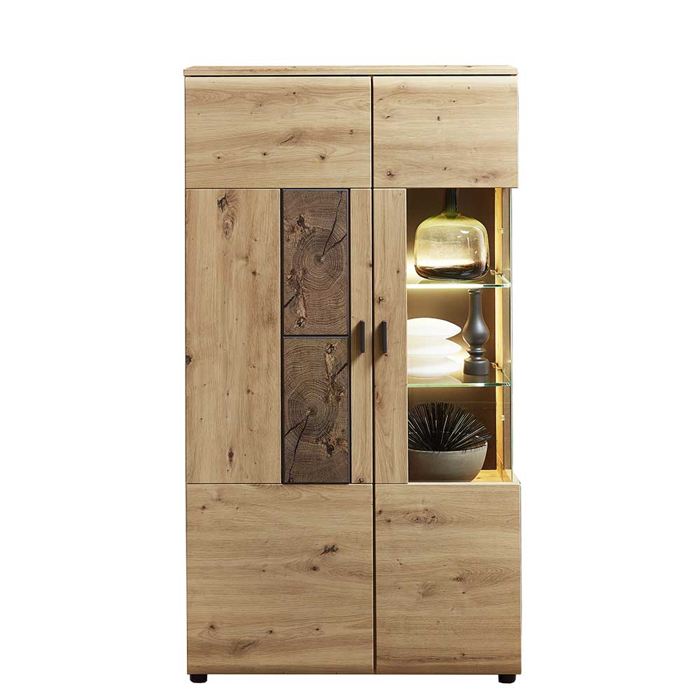 80x148x37 Highboard mit Glaseinsatz in Holzoptik - Iniaco