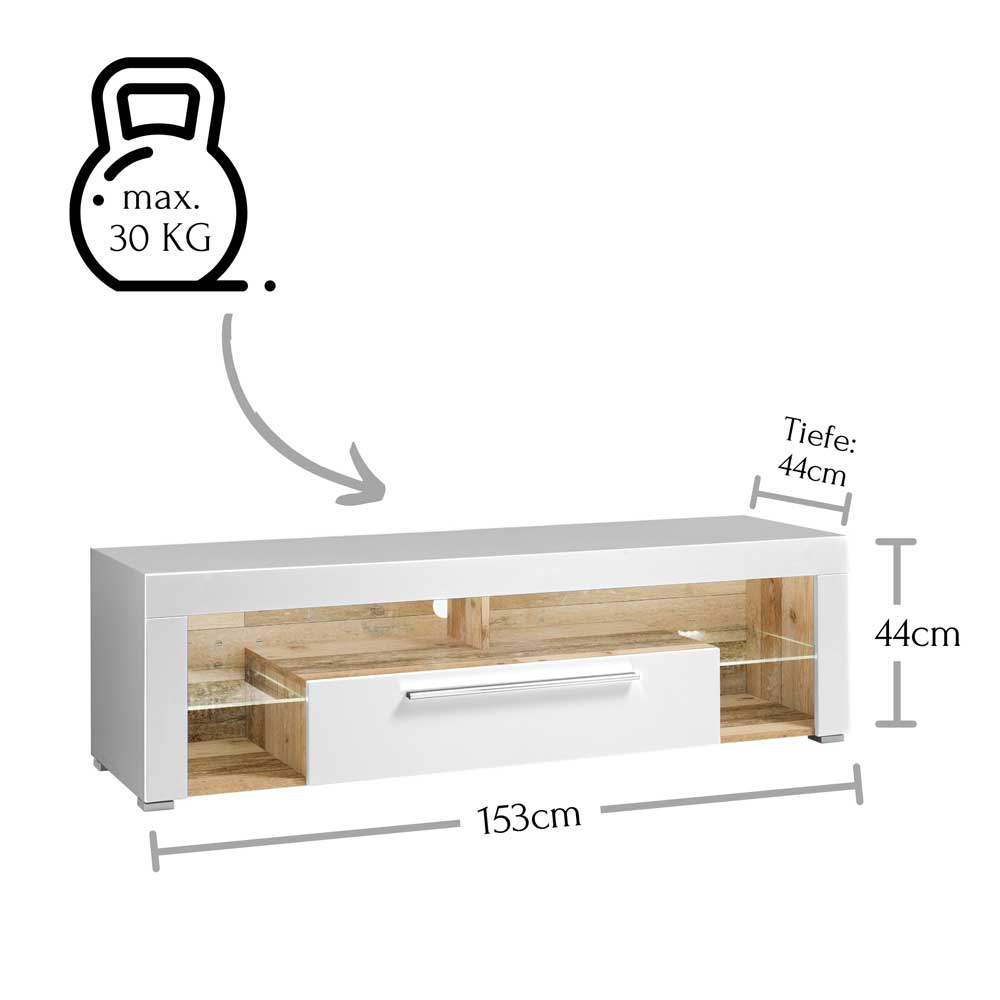 Hochglanz TV Board in Weiß & Holz Antik - Wouty