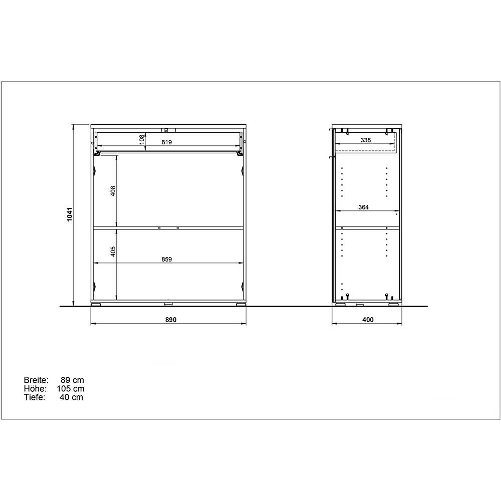 89x105x40 Vertiko in Weiß Glas & Eiche - Reestyl