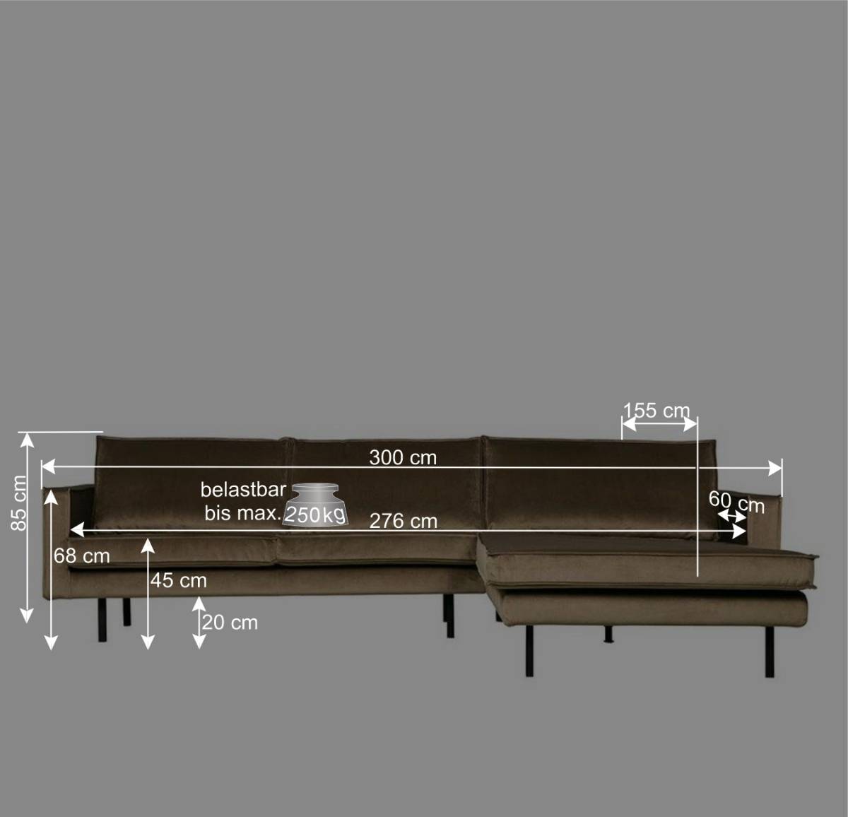 300x85x155 Couch über Eck mit vier Plätzen - Nustra