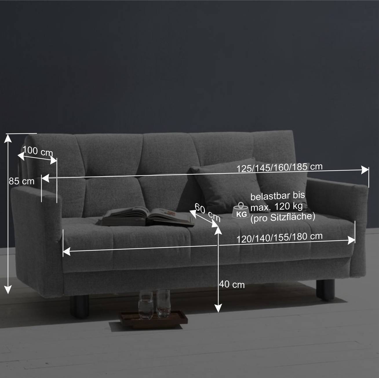 Bequemes Flachgewebe Faltsofa in Grau - Yirma