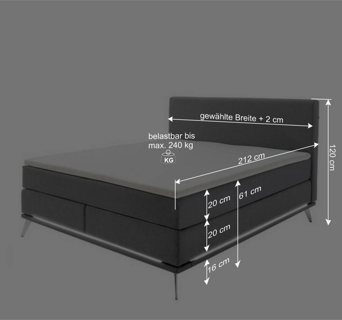 Doppelbett mit Boxspring in Anthrazit & Chrom - Rever