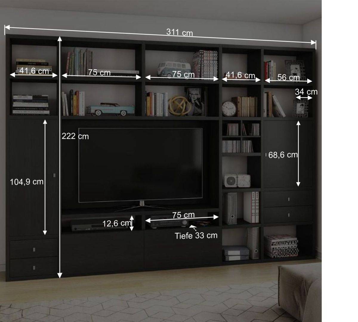 Große TV Wand mit vielen Fächern & Stauraum - Levin