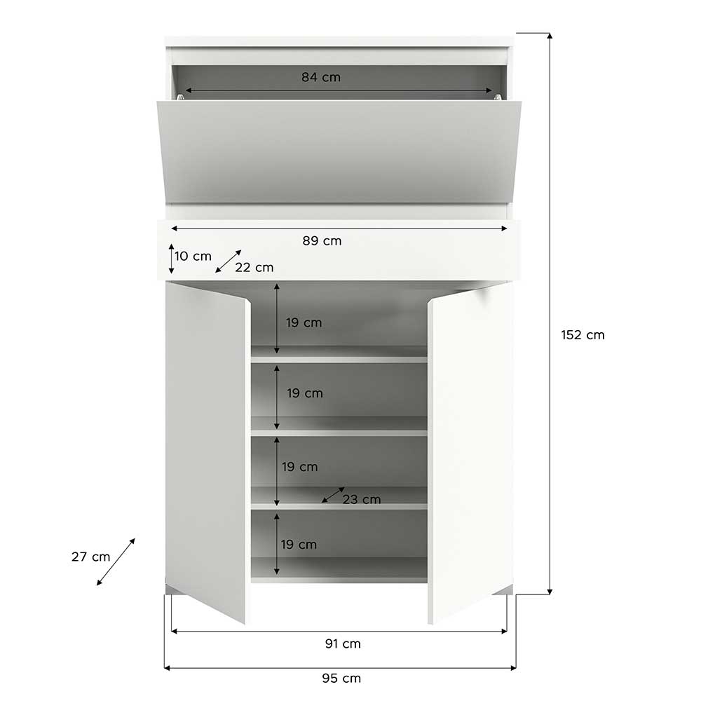 95x152x27 cm Schrank für Schuhe modern - weiß - Dany