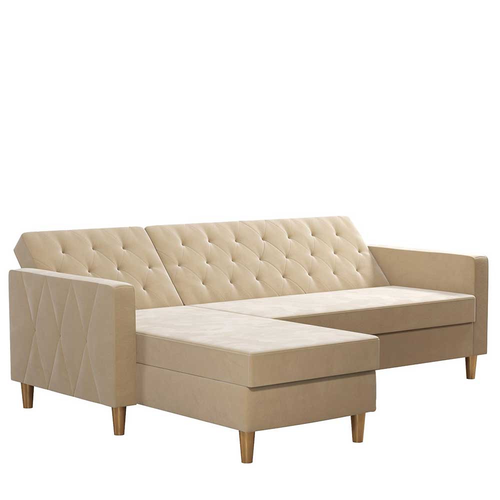 Ecksofa mit Bettfunktion in Creme Samt - Mikolos