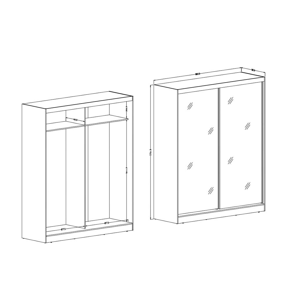 180x216x59 Schwebetürenschrank mit zwei Spiegeltüren - Jaines