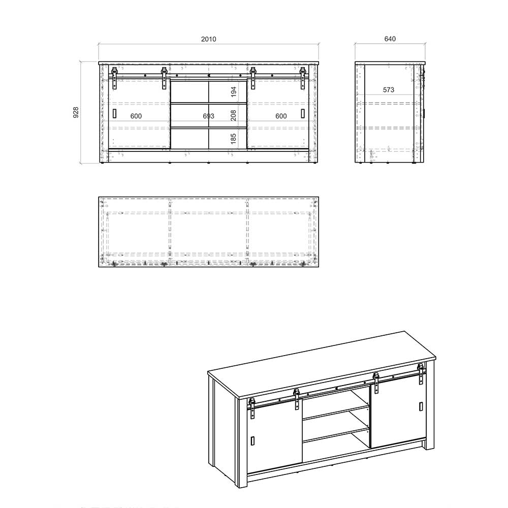 201x93x64 Küche Unterschrank mit Schiebetüren - Garisa