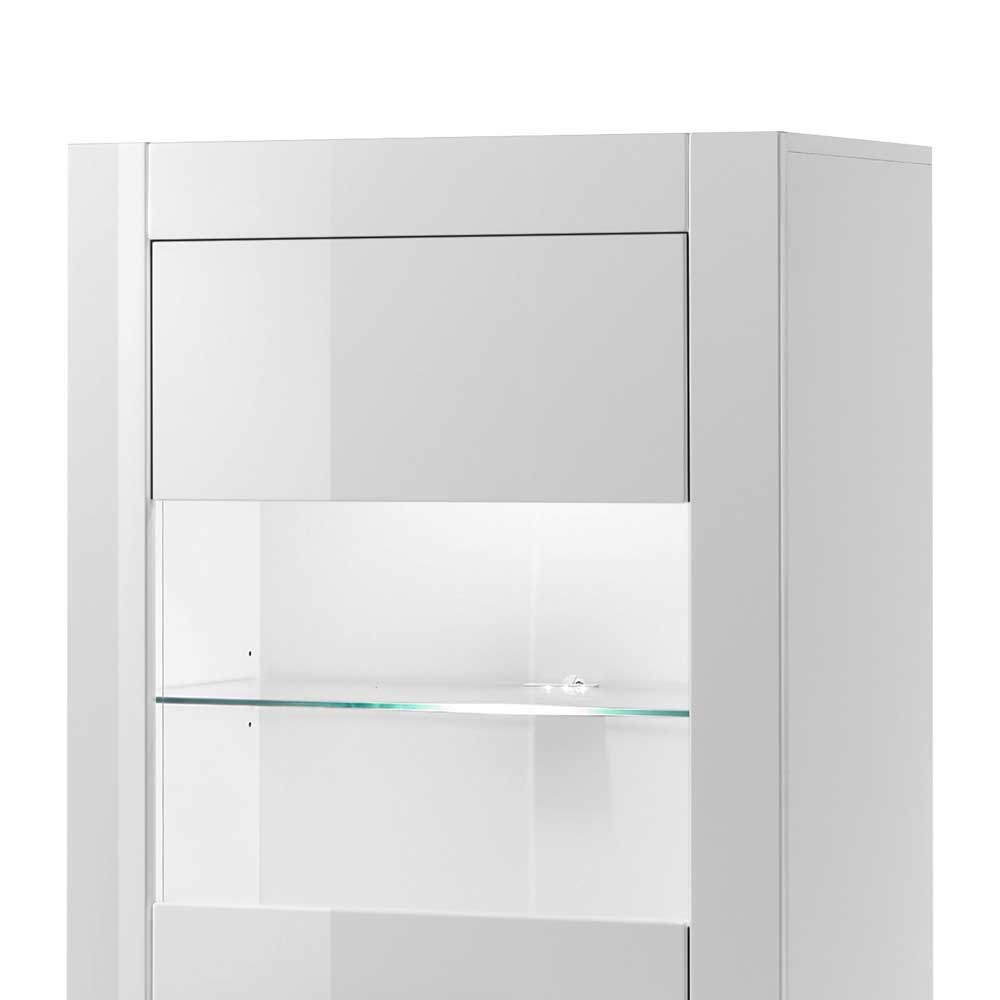 142cm hohe Vitrine in Hochglanz Weiß Yulis 2-türig mit Glaseinsatz