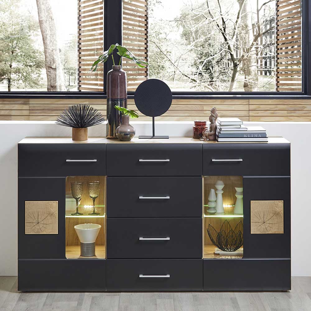 170x93x40 Sideboard mit Glas in Schwarz & Wildeiche - Kandu