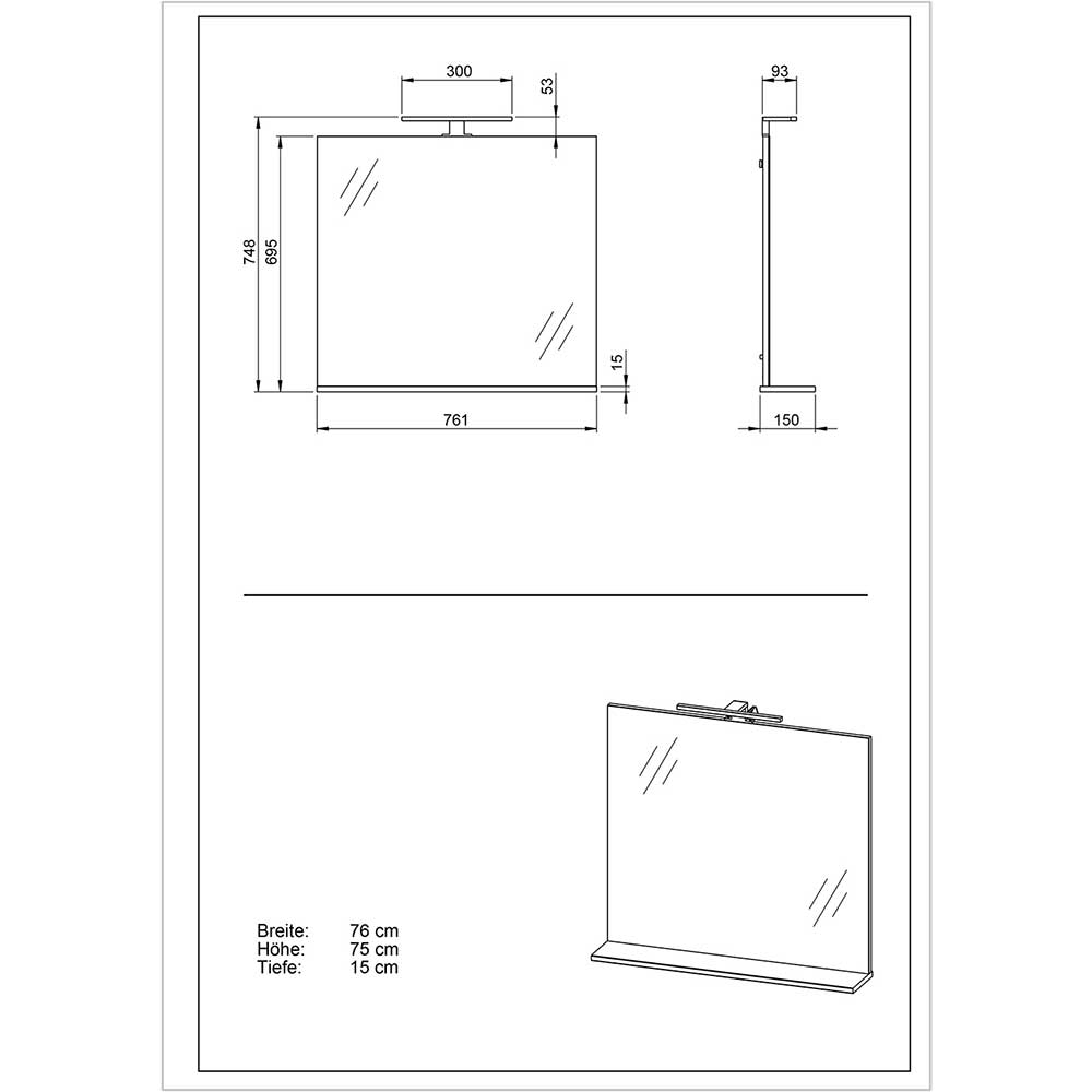 76x75x15 Wandspiegel mit LED & Ablage - Narilos