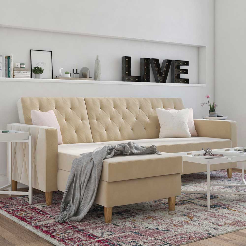 Ecksofa mit Bettfunktion in Creme Samt - Mikolos