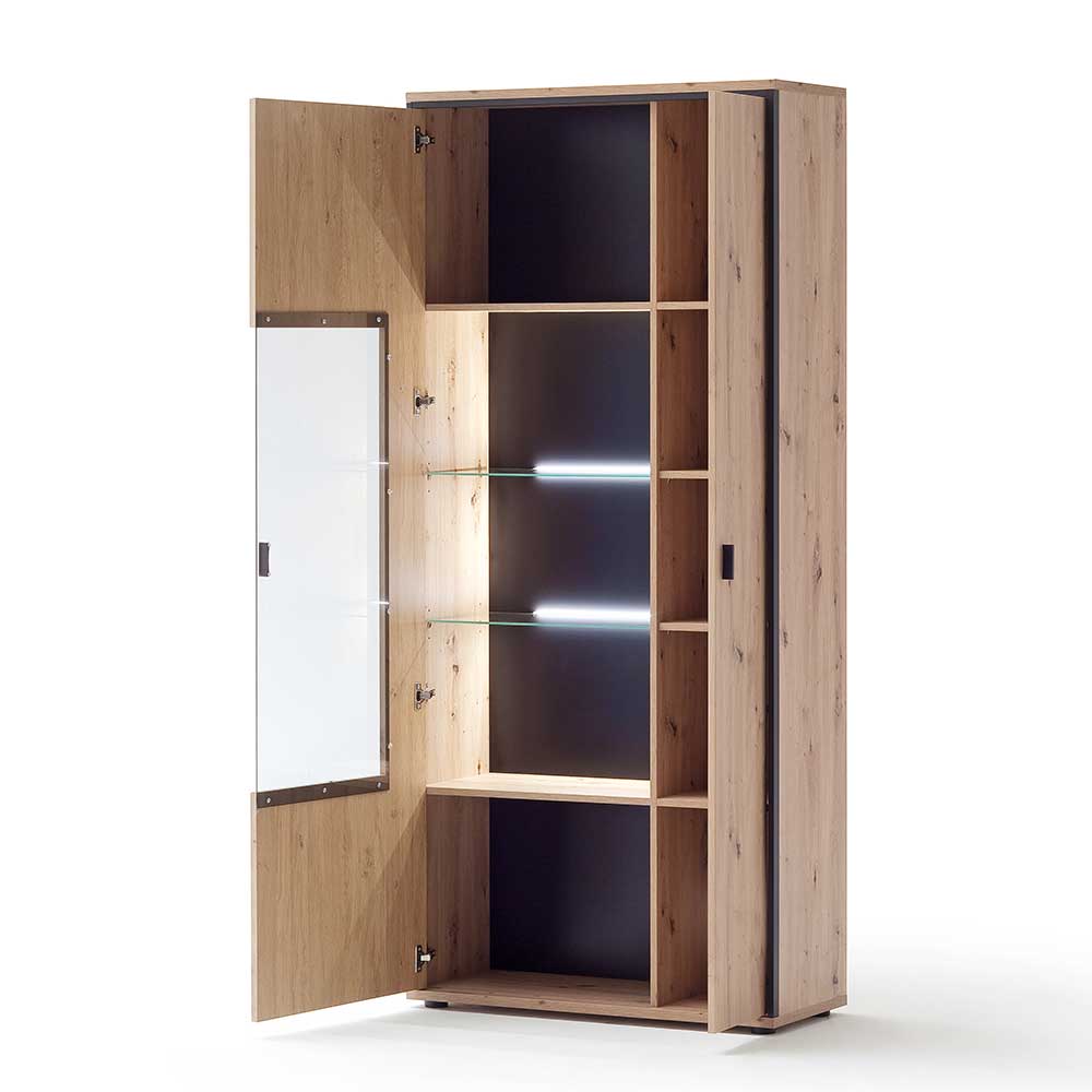 93x210x38 Vitrinenschrank in Eiche Holzdekor - Nikdus