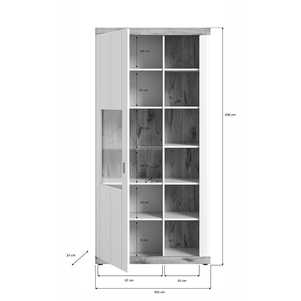 Vitrinenschrank in Weiß und Wildeiche Holzdekor - Hihat