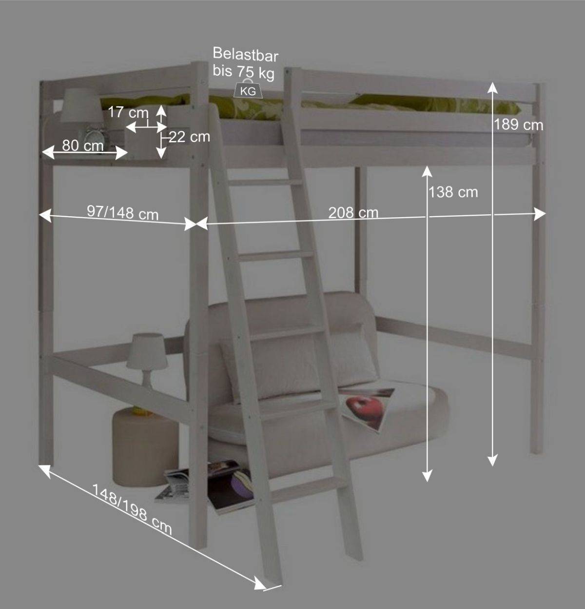 Weißes Hochbett in 90x200 oder 140x200 - Kerfa