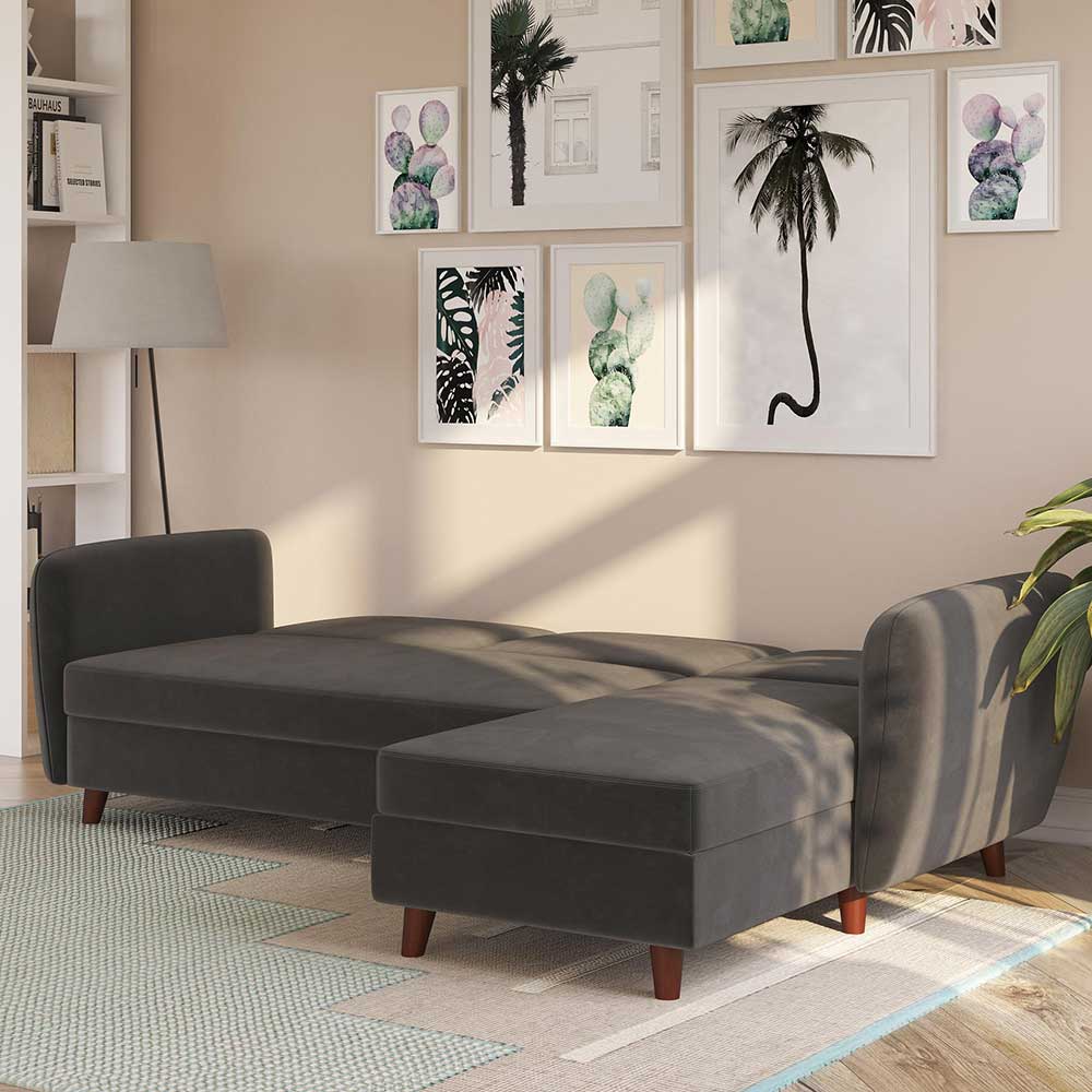 Samt-Ecksofa mit Bettfunktion in Grau - Sinata