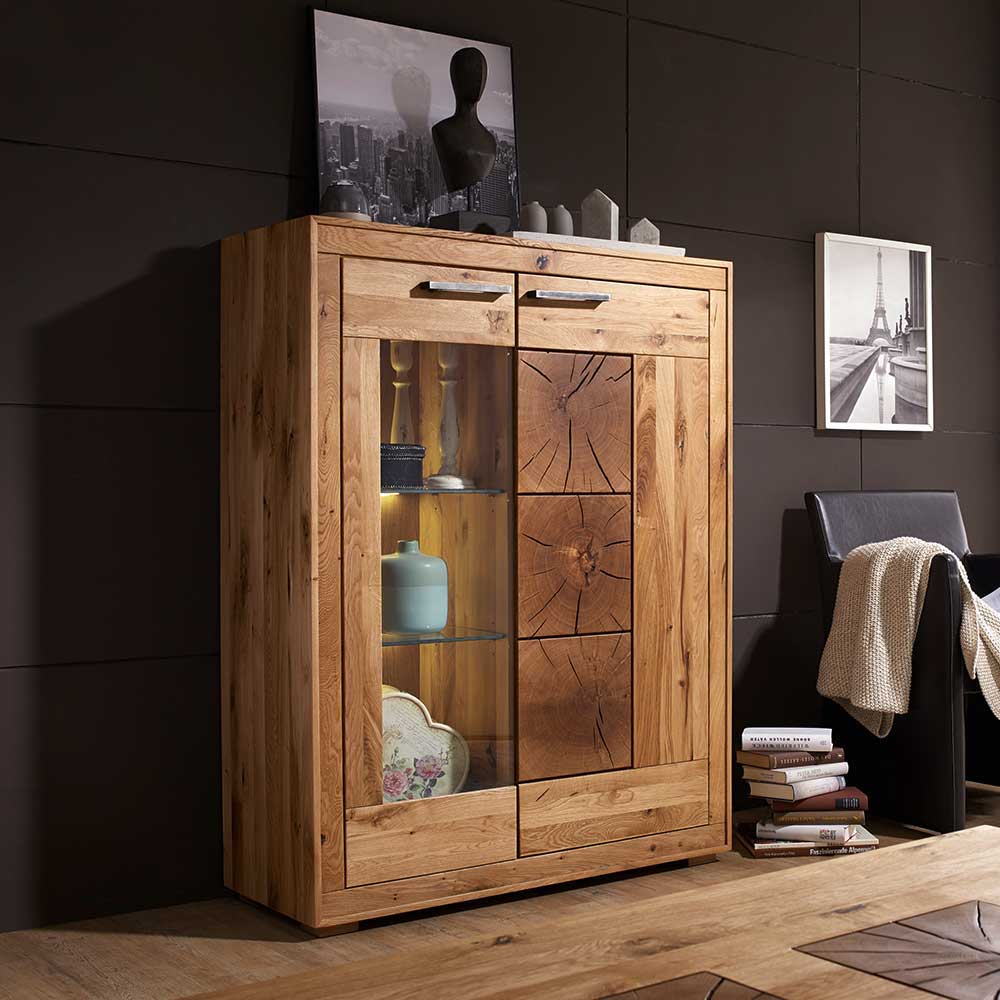 Wildeiche Highboard Troncon mit Glas Einsatz