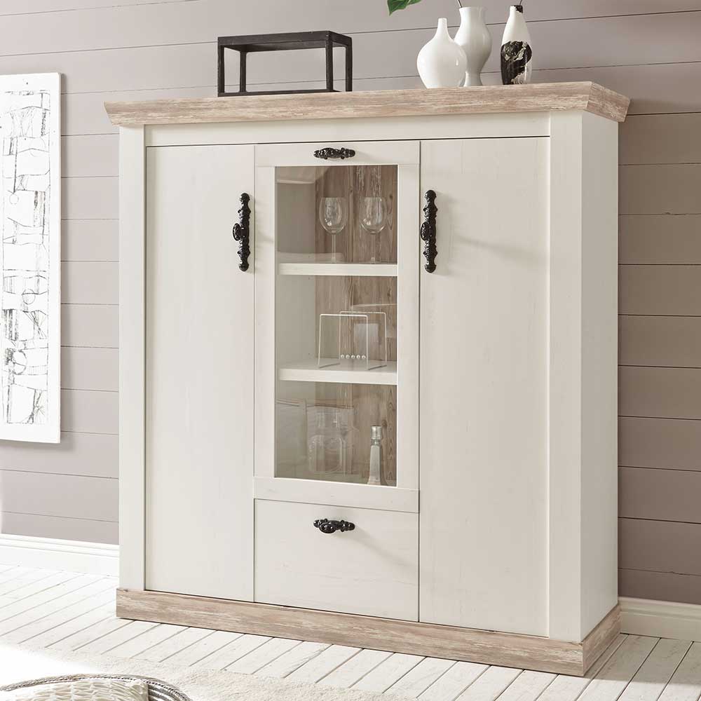 Scandi Landhaus Highboard in Weiß Pinie Shabby Nedita 140 cm breit