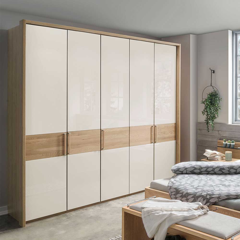 Glasfront Kleiderschrank in Beige & Eiche - Emdsiva