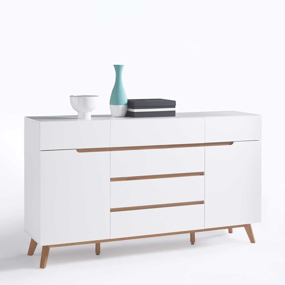 Retro Style Sideboard in Weiß & Eiche Aiola 169cm breit