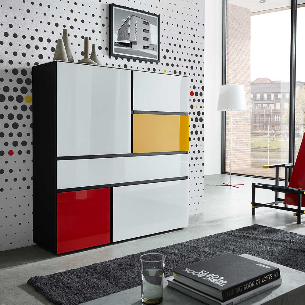 Highboard in Schwarz Weiß Rot Gelb - Sylverta