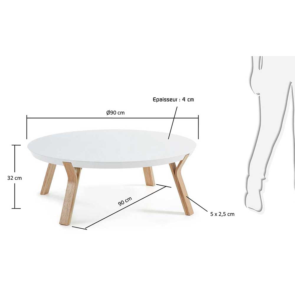 90x32x90 runder Design Couchtisch in Weiß & Esche - Udessa