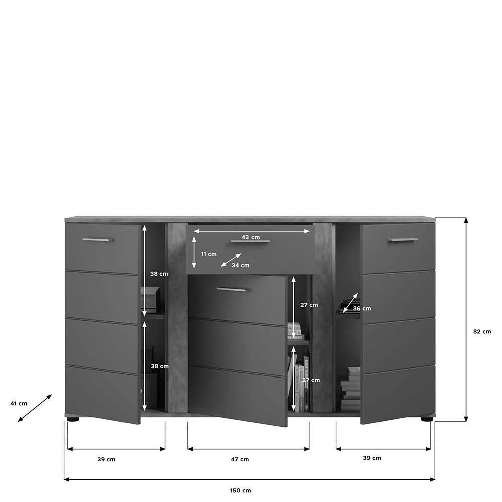 Große Kombi-Kommode in Grau & Beton-Optik - Vonados