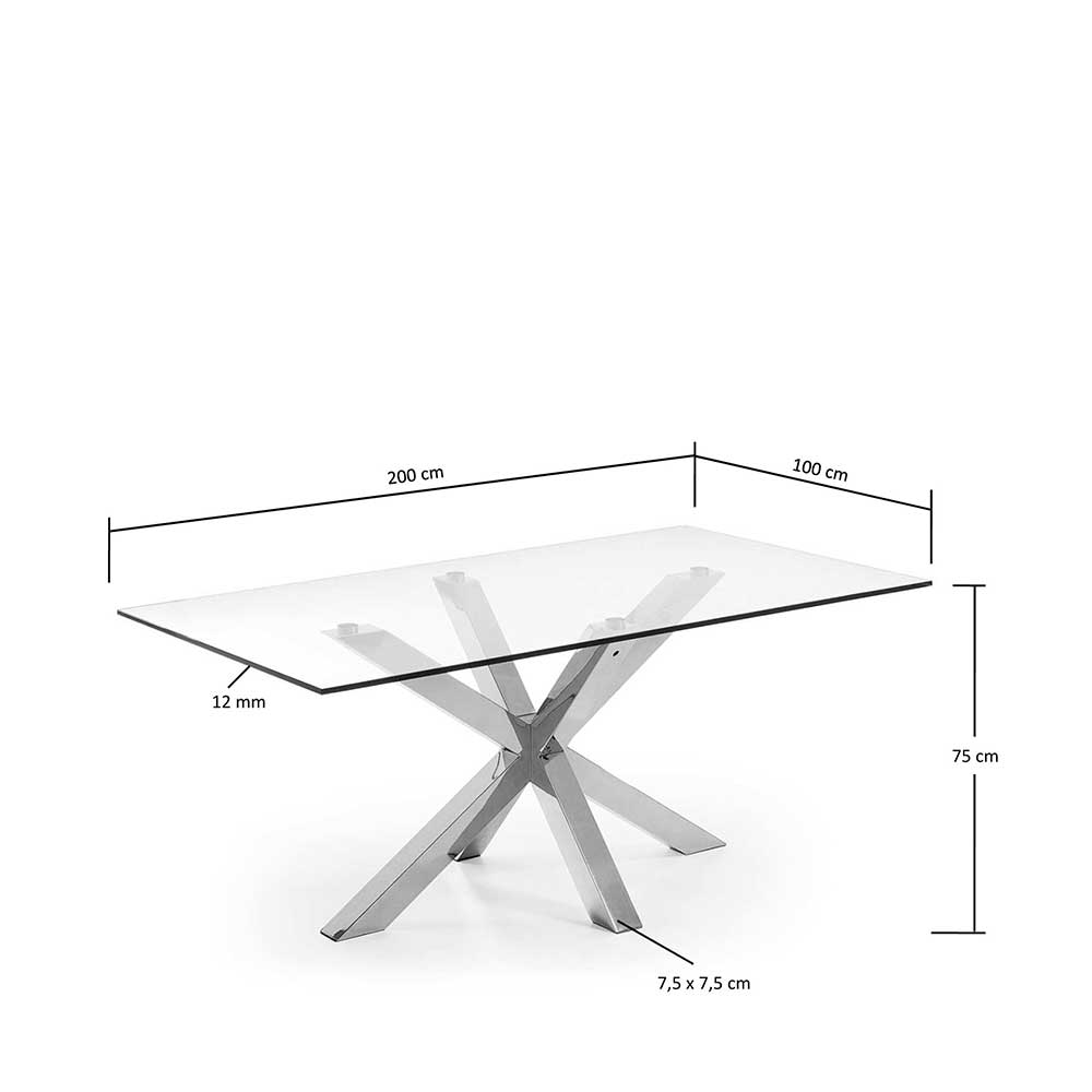 Design Glastisch Hihat mit Edelstahl Kreuz Gestell