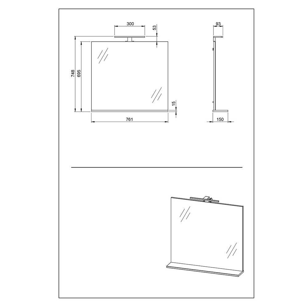 76x70x15 Spiegel mit LED Aufsatzleuchte - Sudessa