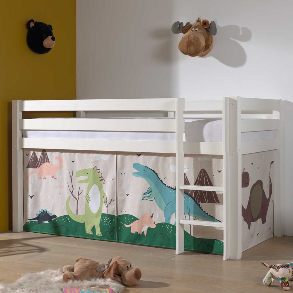 Weißes Hochbett für Kinder mit Dinos - Evanuela