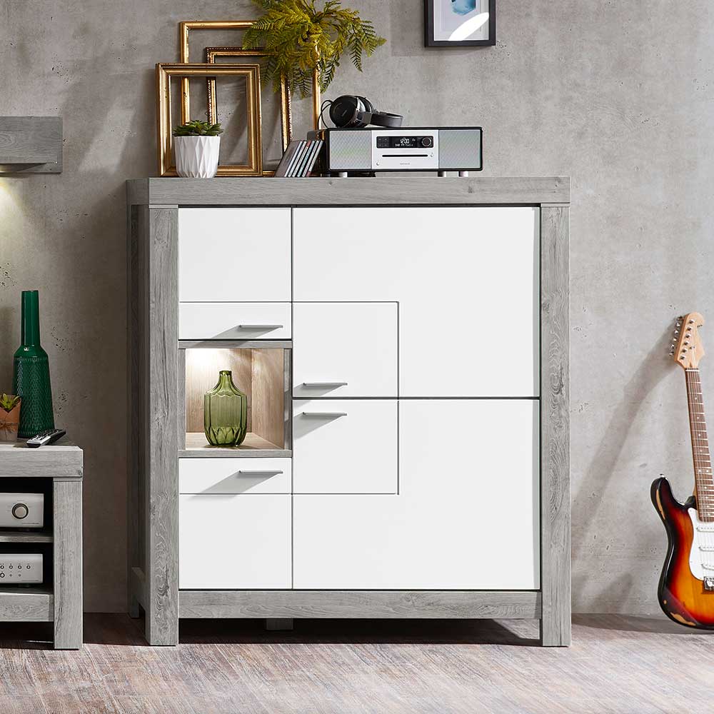 Modernes Highboard Lopalo in Weiß & Eiche dunkel