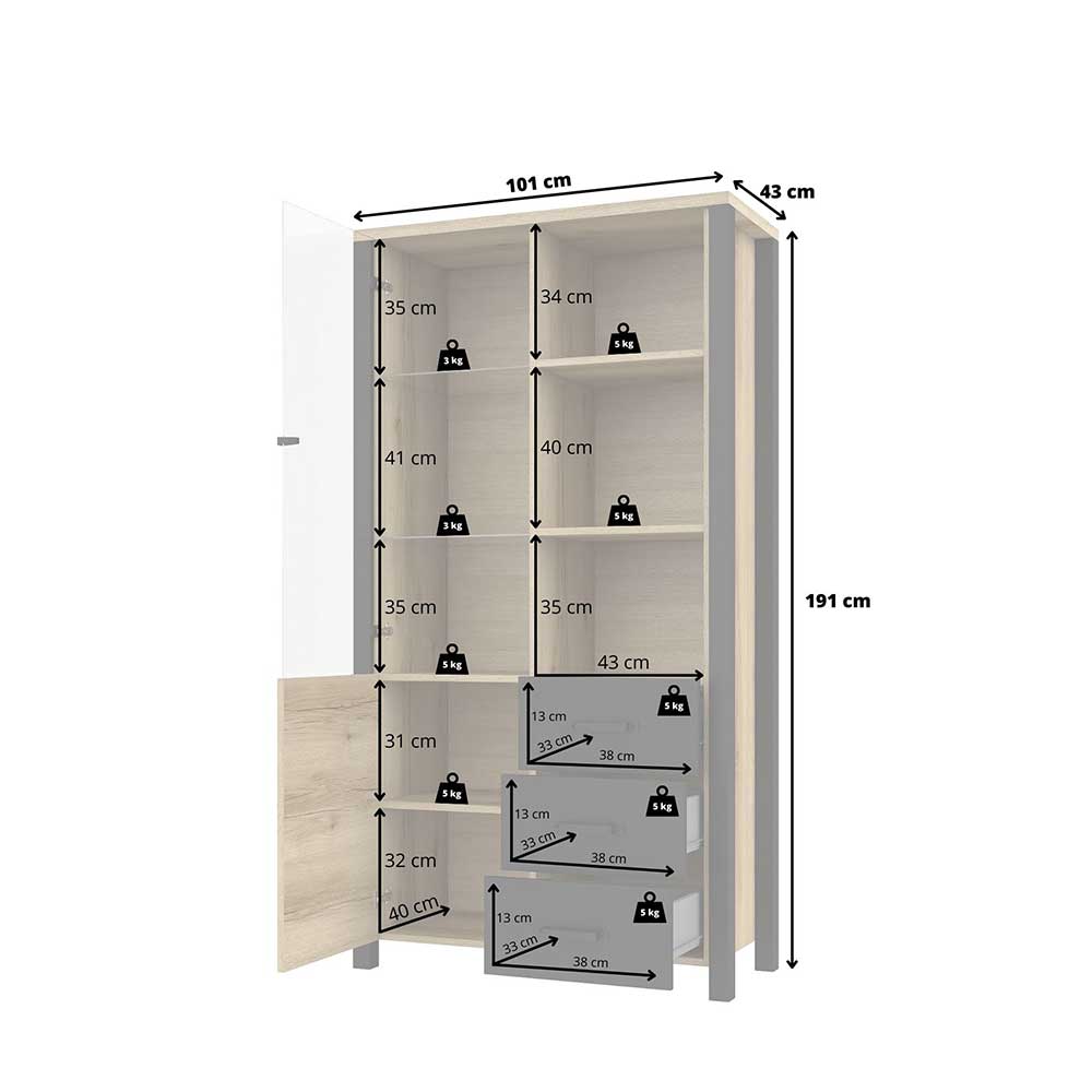 101x191x43 Vitrine Wohnzimmerschrank mit Glastür - Kanellas