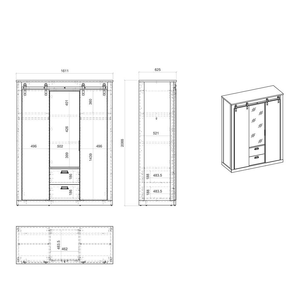 140x200 Modern Country Bett & Schrank - Tramos (vierteilig)