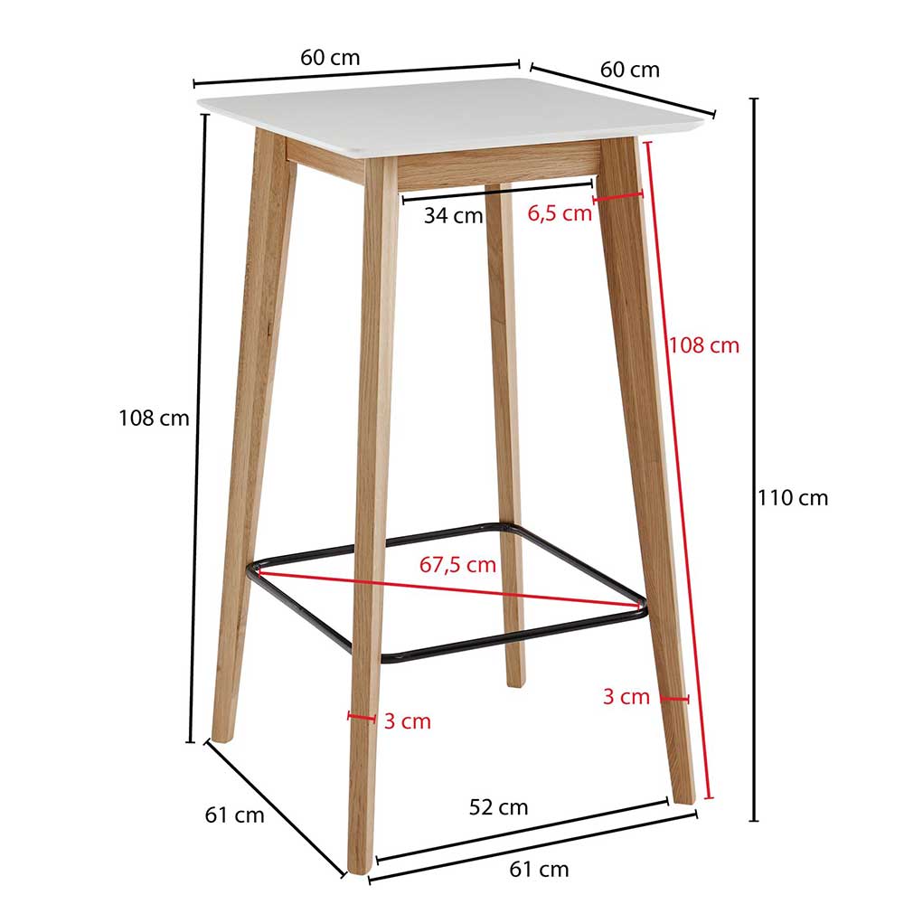 61x110x61 Stehtisch quadratisch mit Fußablage - Soveca