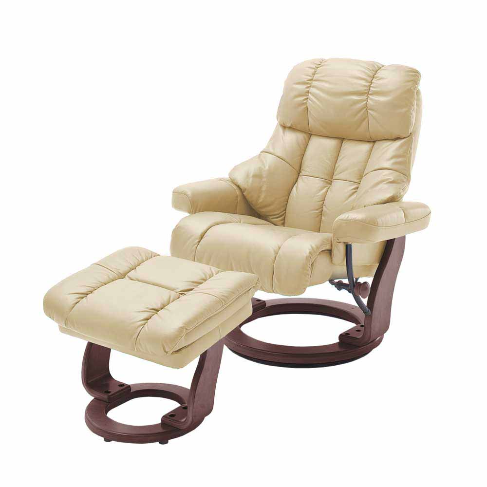 Relax Sessel mit Leder in Creme & Gestell Walnuss Hermine inkl. Hocker (zweiteilig)