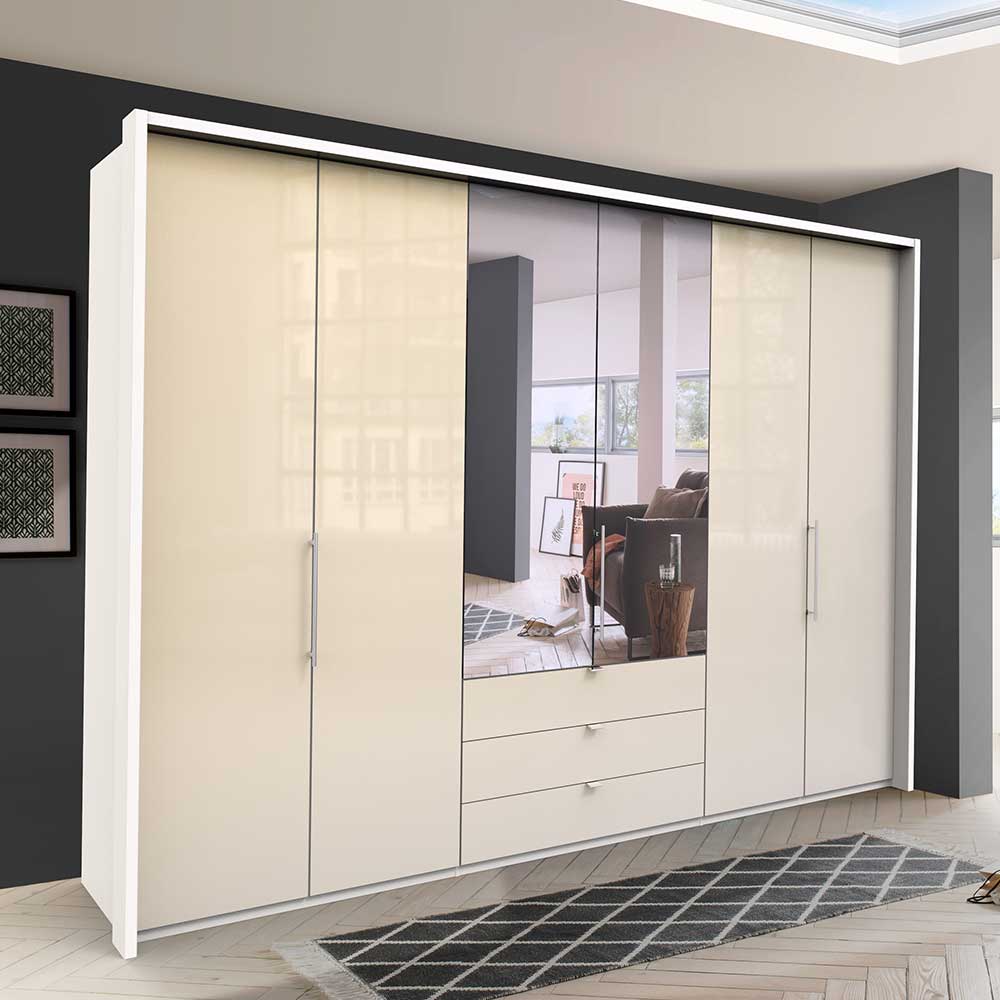 Kleiderschrank mit Schubladen & Falttüren in Creme Glas - Zidarie