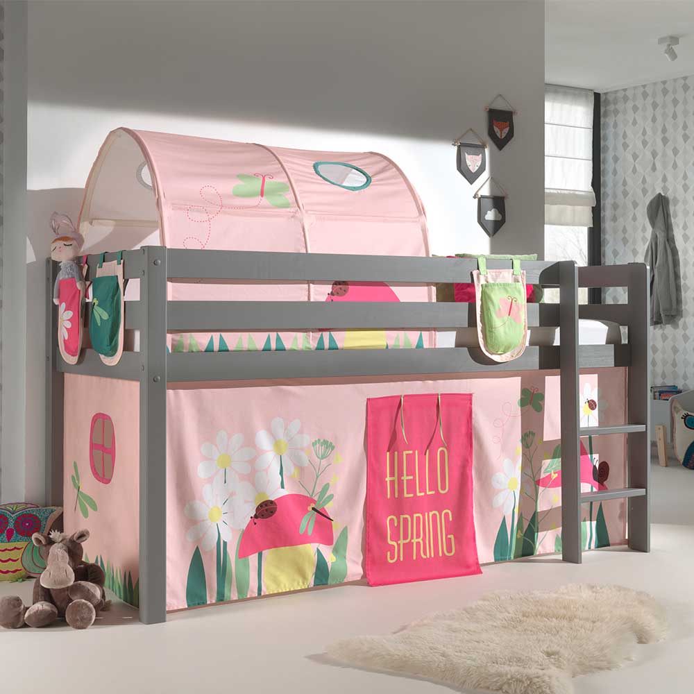 Graues Kinderzimmer-Hochbett mit Stoffset Frühling - Season