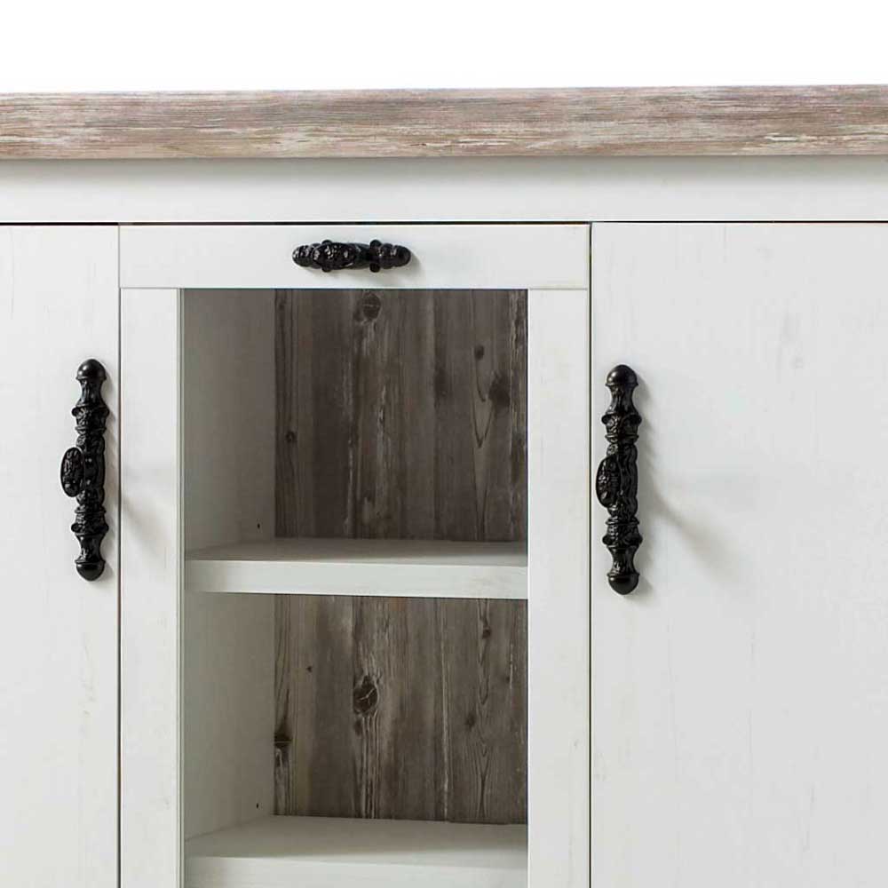 Scandi Landhaus Highboard in Weiß Pinie Shabby Nedita 140 cm breit