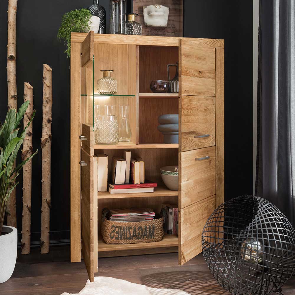 102x141x40 Highboard aus Wildeiche mit Glaseinsatz - Loitons