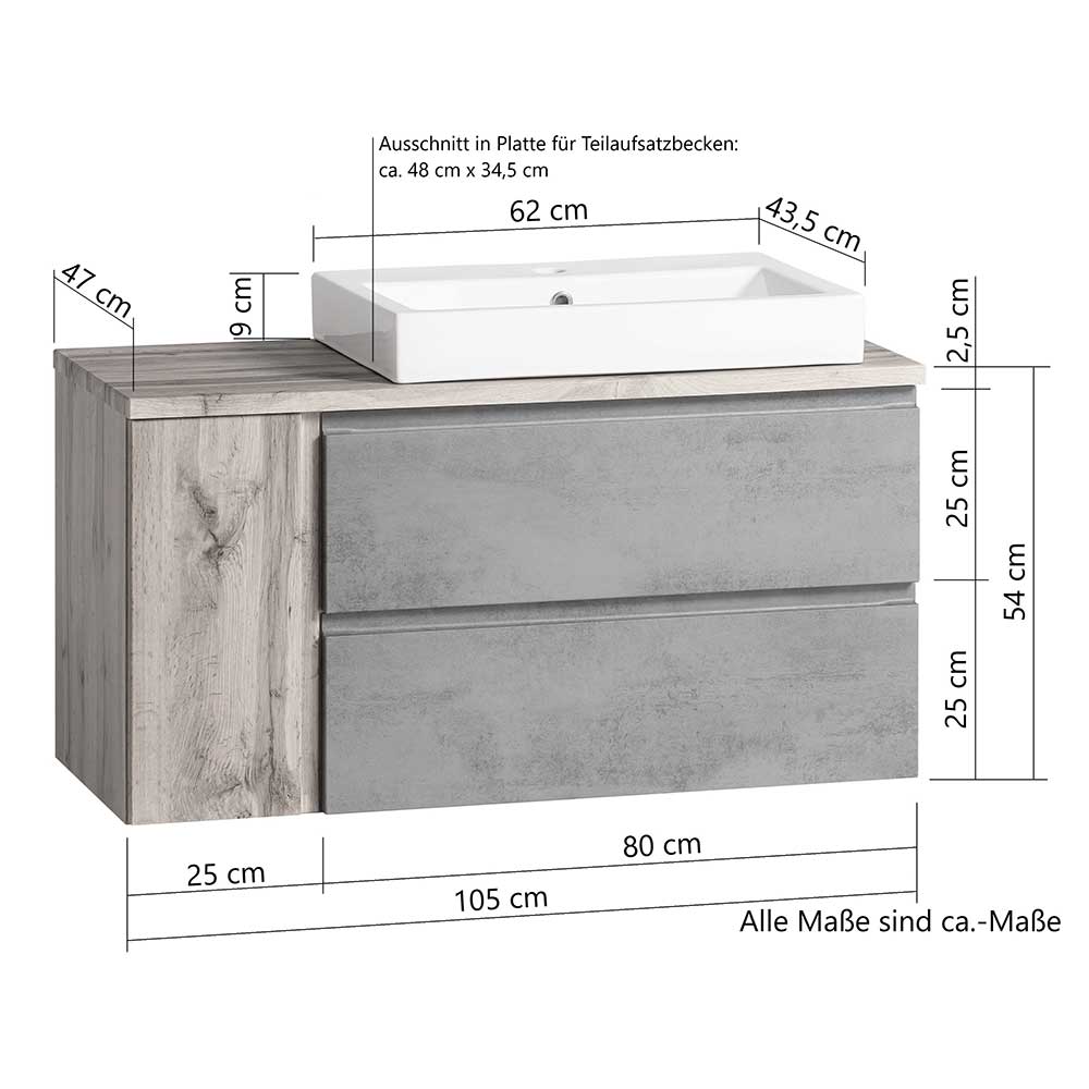 105x63x47 Waschtisch hängend in Wildeiche & Beton - Mia