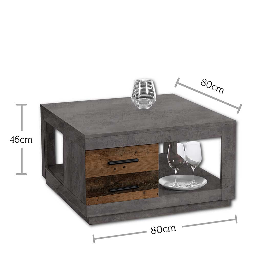 80x80 cm Couchtisch in Beton Optik & Antik Holz NB - Imlory