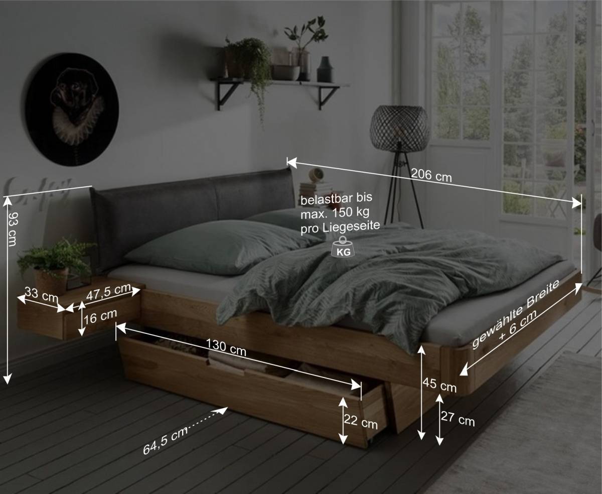 Wildeiche Bett mit Schubkasten Set - Zennian (dreiteilig)