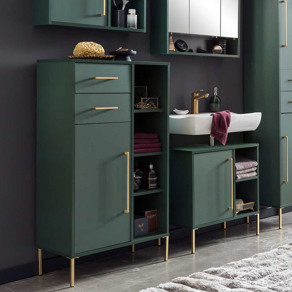 Badezimmer Highboard in Dunkelgrün & Gold - Aqua