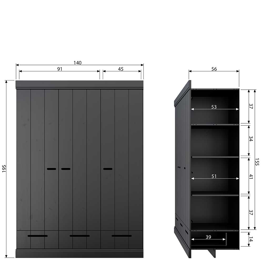 140x195x53 Kleiderschrank 3-türig & 3 Schubladen - Vindrus