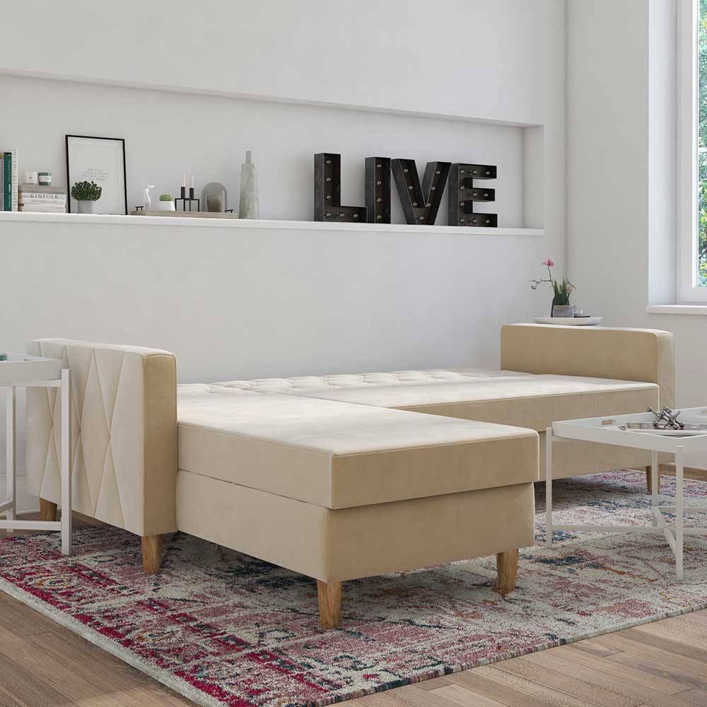 Ecksofa mit Bettfunktion in Creme Samt - Mikolos