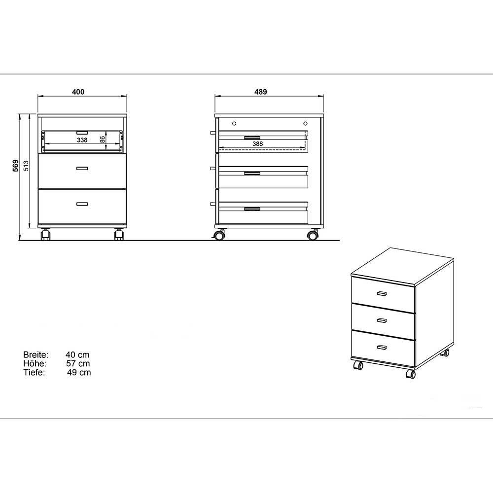 Schreibtisch Rollcontainer in Weiß & Eiche - Novumsa