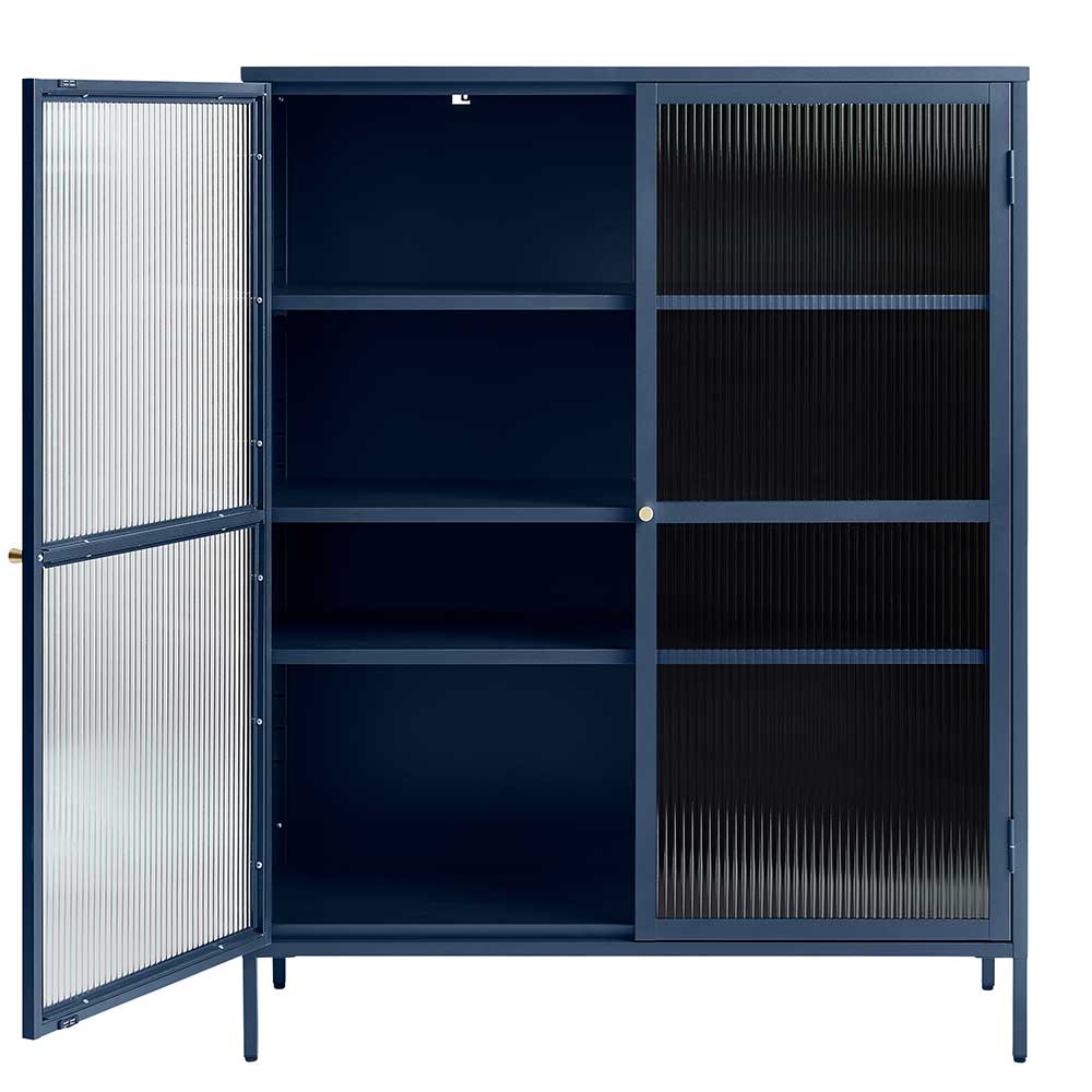 110x140x40 Blaues Stahl Highboard mit Glastüren - Atos