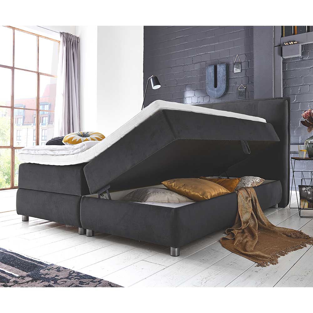 Schwarzes Boxspringbett mit Bettkasten - Luya