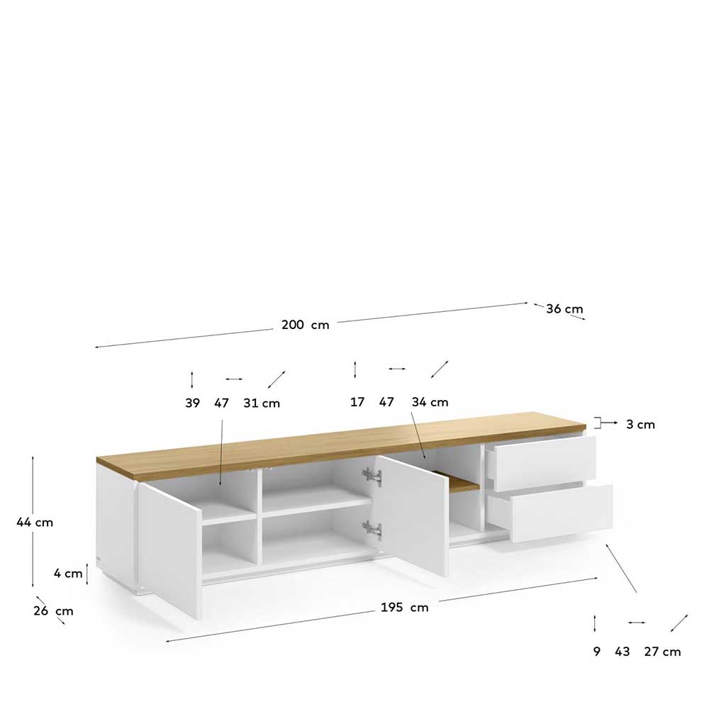 200x44x36 TV Lowboard in Weiß & Eiche - Vintilias